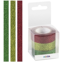 Heyda Dekoračná lepiaca páska glitrová 1,5 cm x 3 m, sada 3 ks -  červená, svetlozelená, tmavozelená