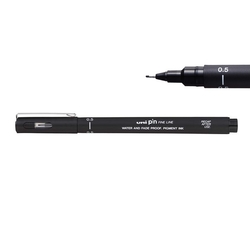 Uni PIN Fineliner Drawing Pen, tenké linery 0.5 - čierna farba