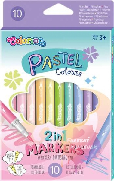 Colorino Pastel Marker 2v1 obojstranné fixy, sada 10 ks - pastelové farby