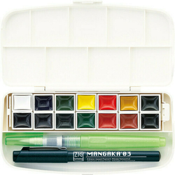 Kuretake Gansai Tambi Portable akvarelové farby, sada 14 farieb, plniteľný štetec, liner